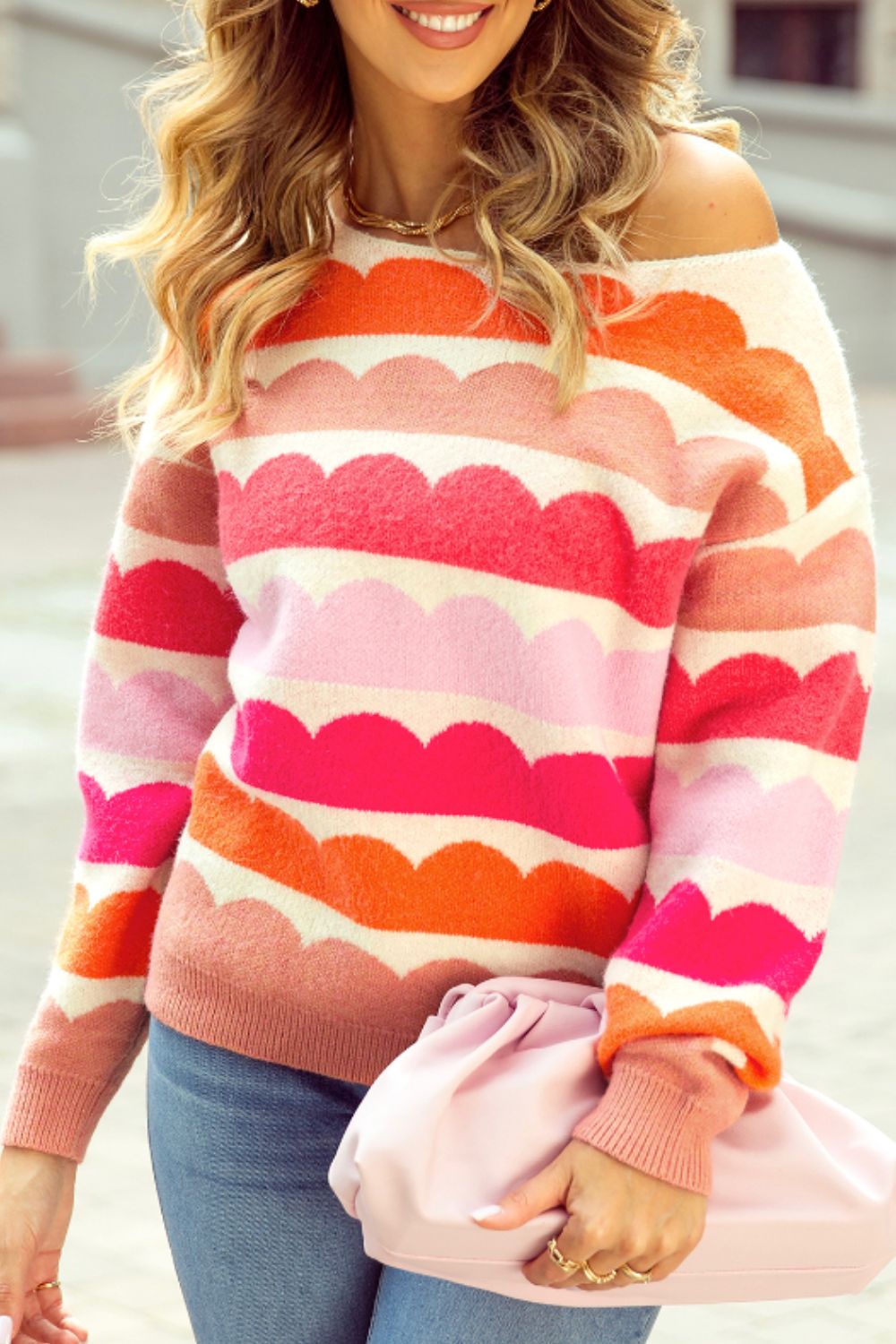 Contrast Boat Neck Long Sleeve Sweater - Charming Charlie
