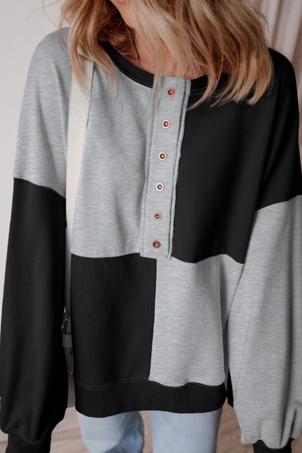 Color Block Half Button Long Sleeve Sweatshirt - Charming Charlie