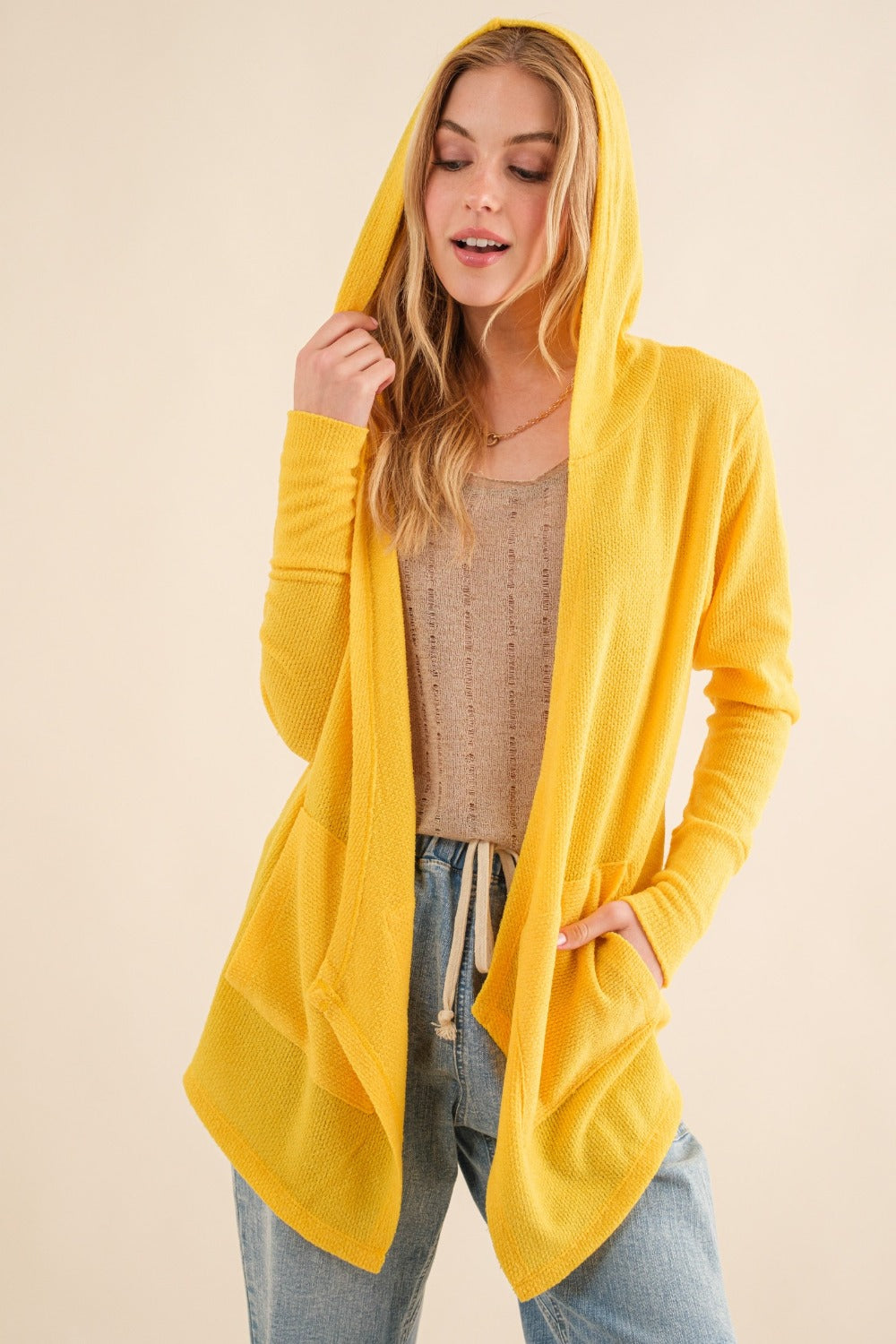 And The Why Full Size Thermal Hooded Open Front Cardigan with Pockets - Charming Charlie