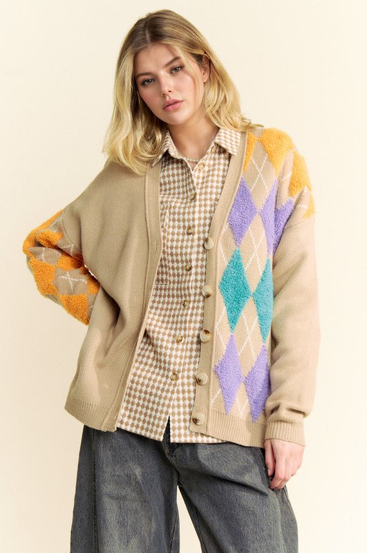 Davi & Dani Argyle V-Neck Dropped Shoulder Cardigan - Charming Charlie