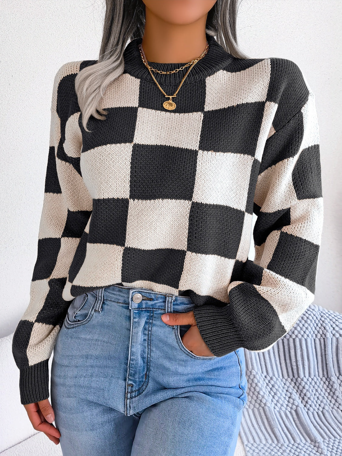 Checkered Mock Neck Long Sleeve Sweater - Charming Charlie