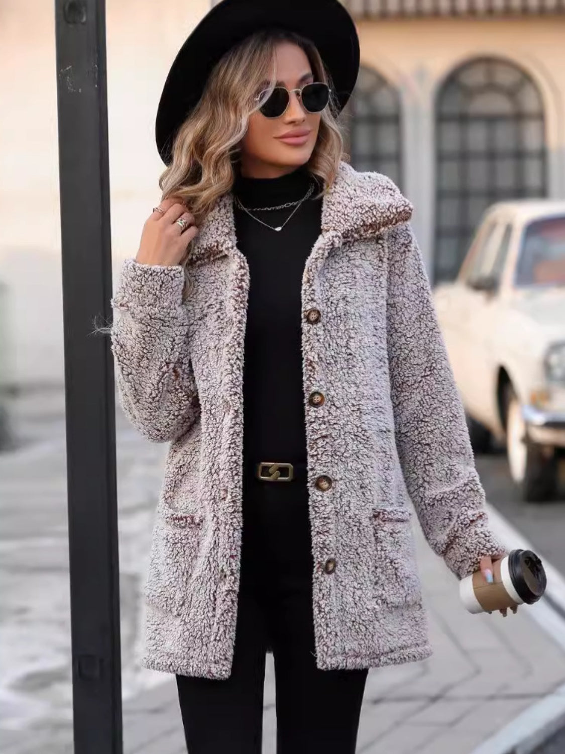 Pocketed Collared Neck Long Sleeve Plush Jacket - Charming Charlie