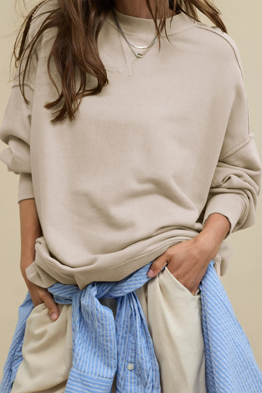 Side Slit Round Neck Long Sleeve Sweatshirt - Charming Charlie