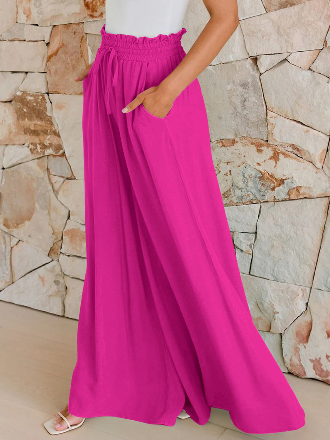 Drawstring Wide Leg Pants with Pockets - Charming Charlie