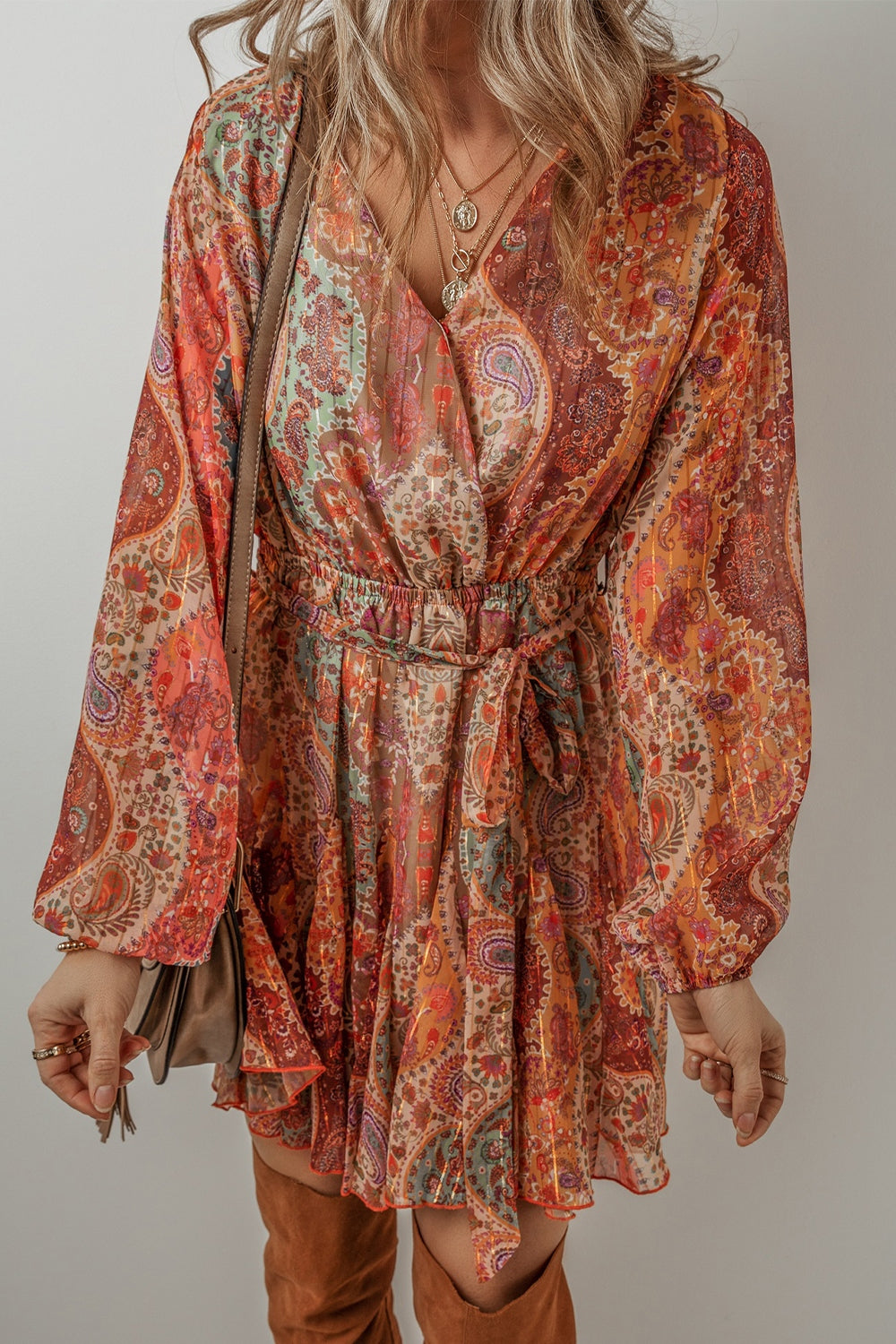 Tied Printed Balloon Sleeve Mini Dress - Charming Charlie