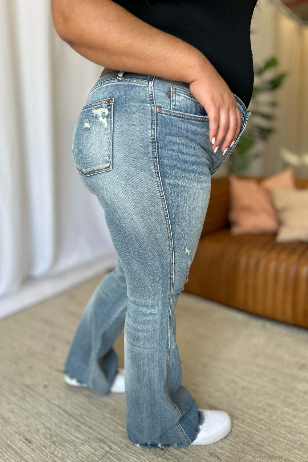 Judy Blue Full Size Medium Rise Tummy Control Destroy Flare - Charming Charlie