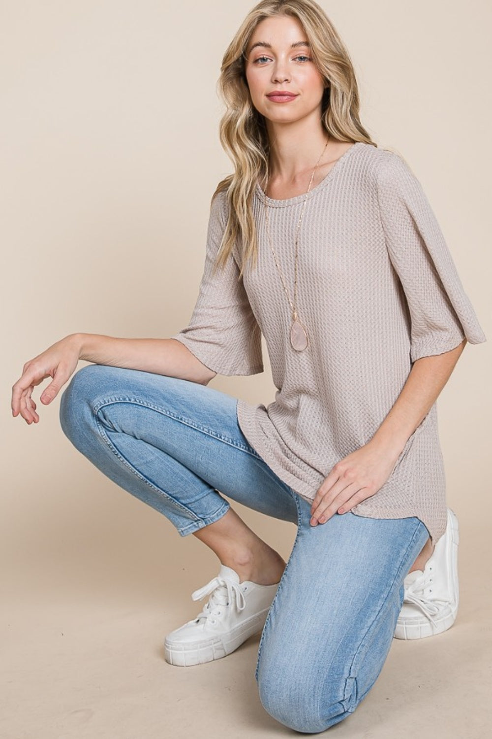BOMBOM Round Neck Waffle Knit T-Shirt - Charming Charlie