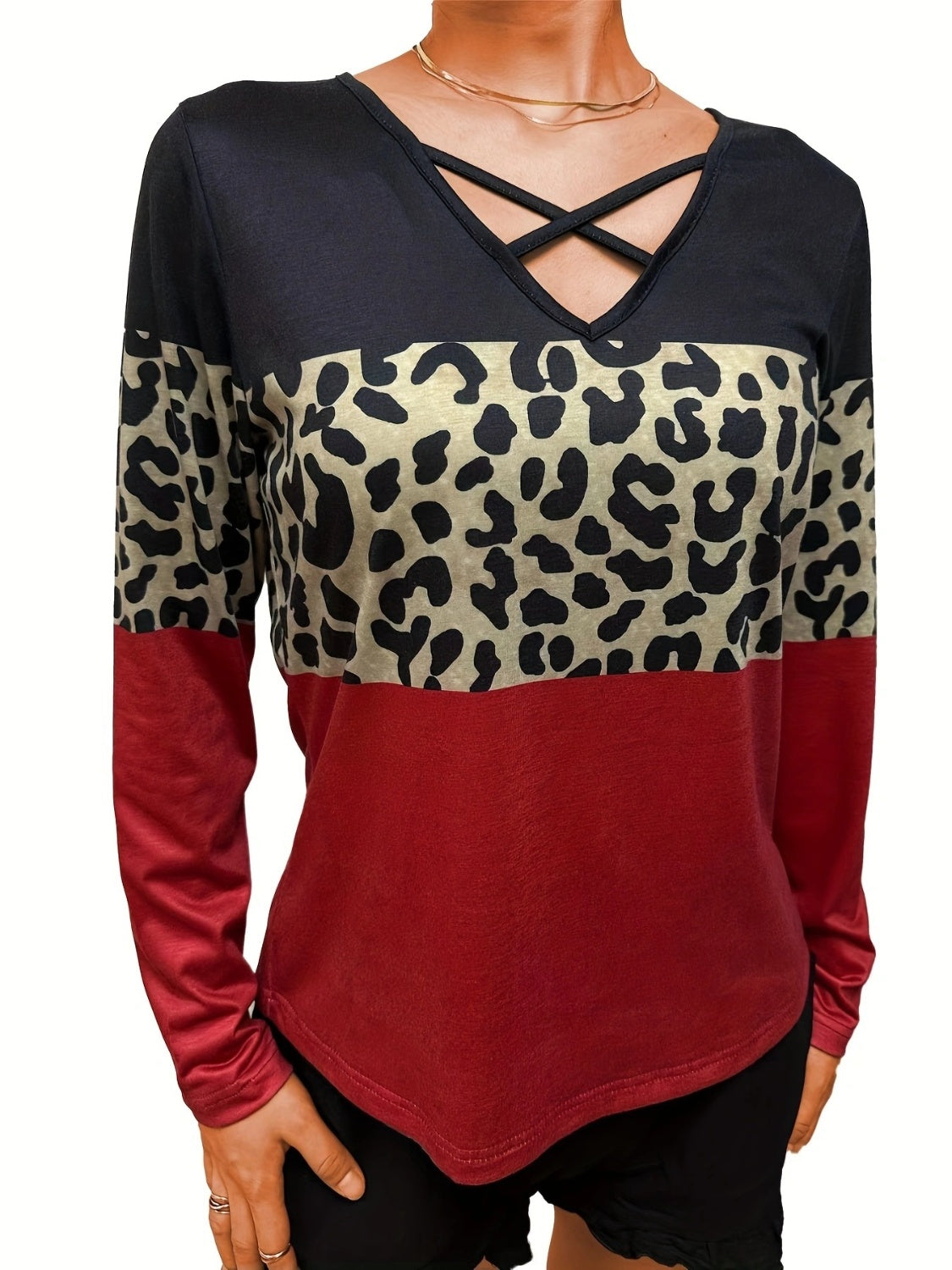 Crisscross Color Block Long Sleeve T-Shirt - Charming Charlie