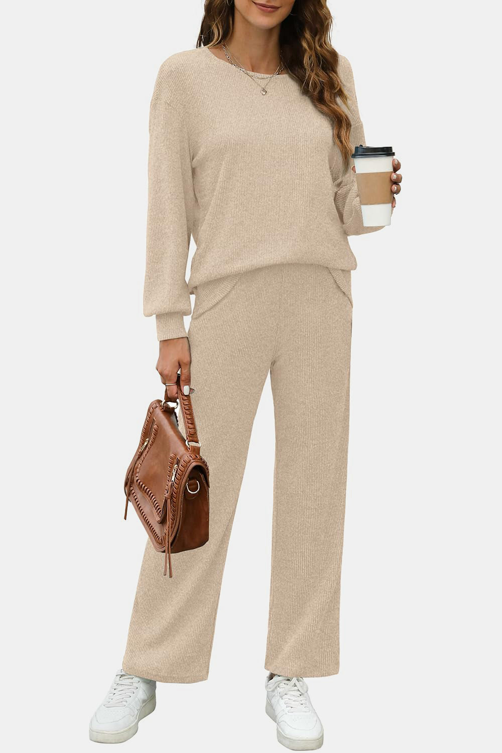 Round Neck Long Sleeve Top and Pants Set - Charming Charlie