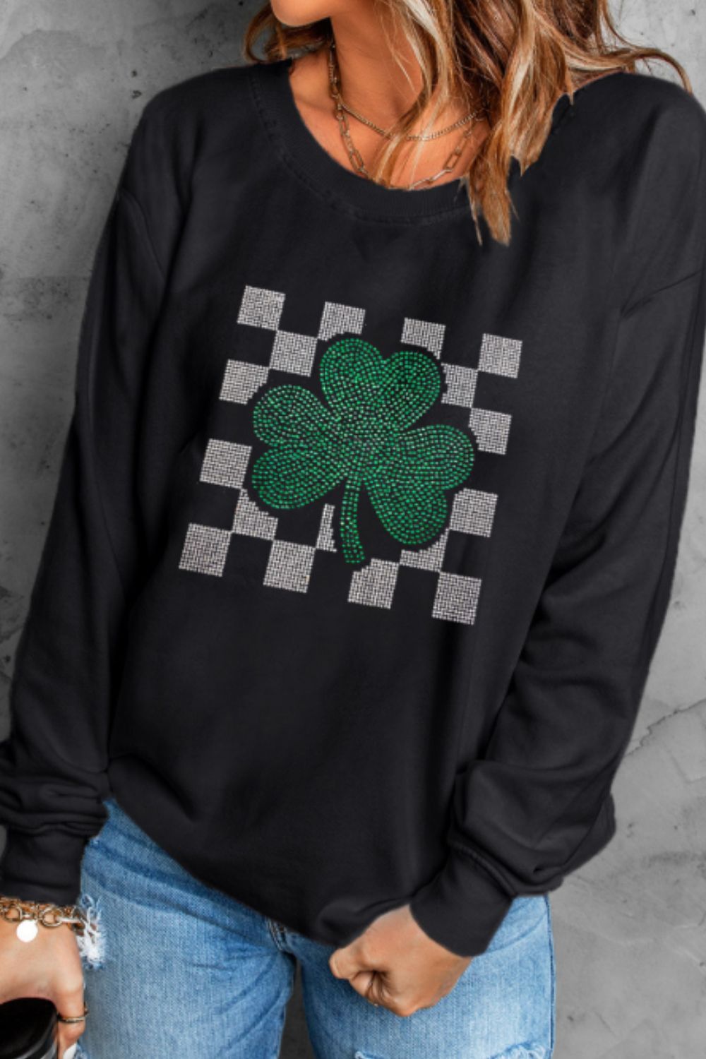 Rhinestone Checkered Lucky Clover Round Neck Sweatshirt - Charming Charlie