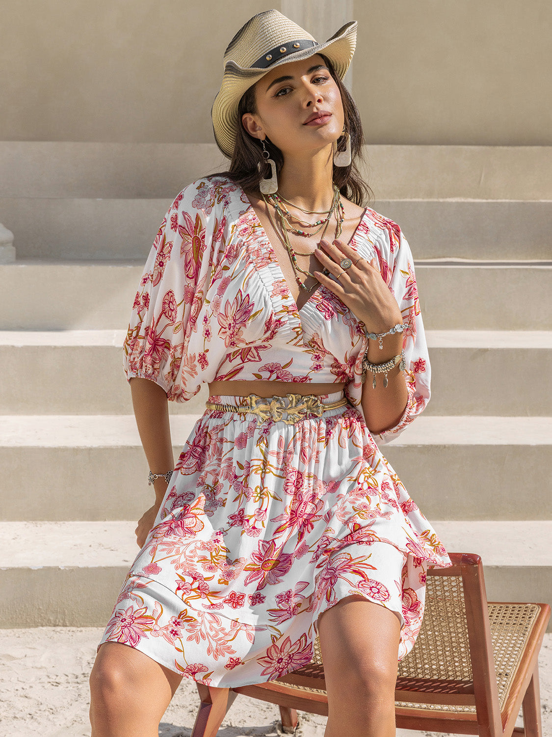 Printed Half Sleeve Top and Layered Skirt Set - Charming Charlie