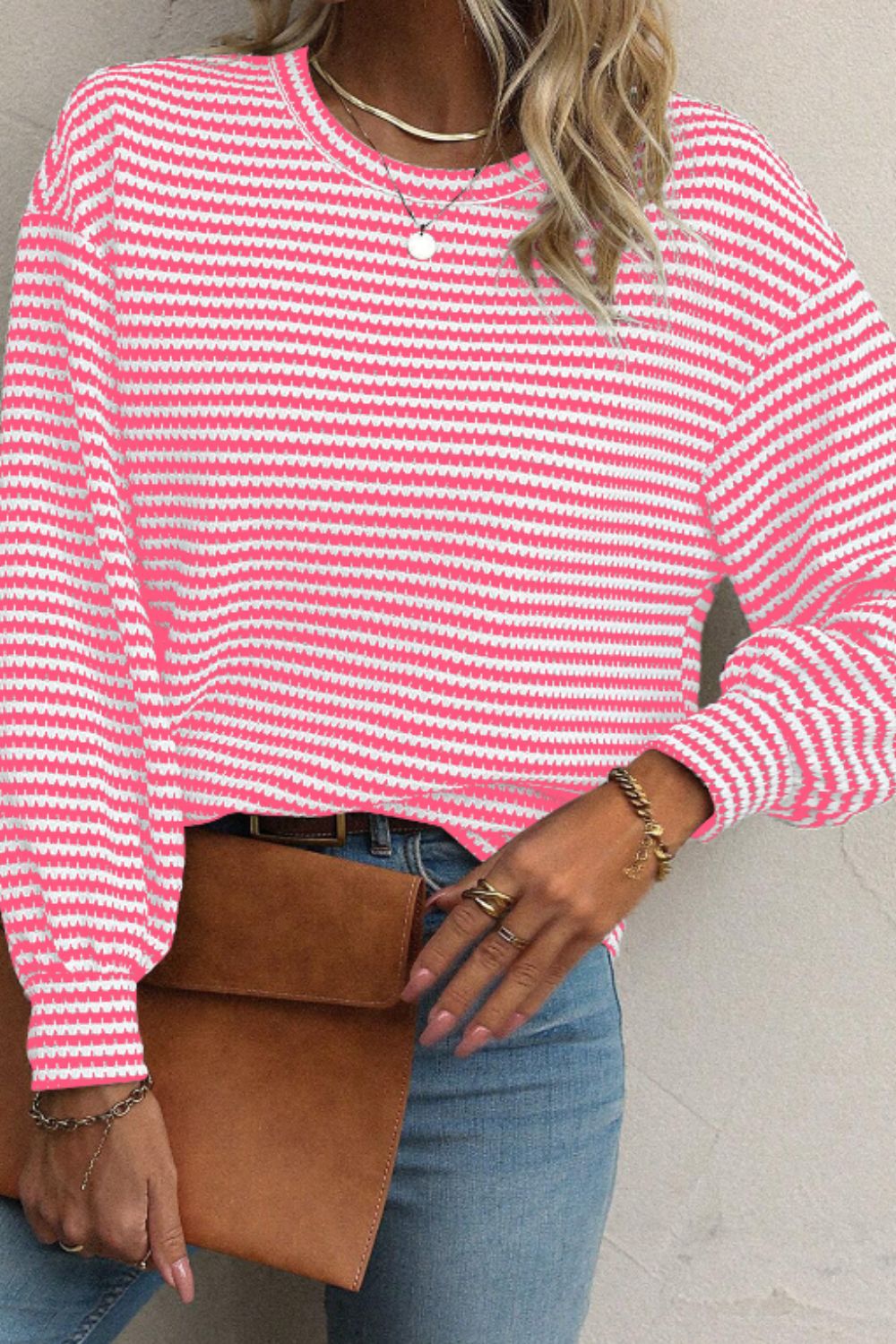 Striped Round Neck Long Sleeve Top - Charming Charlie