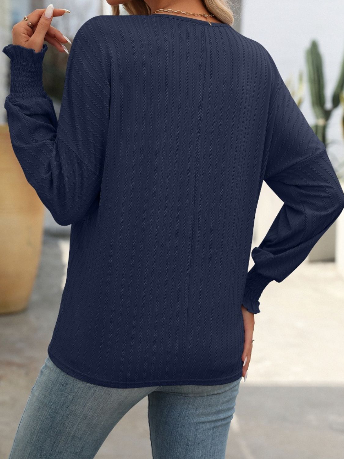 Textured Notched Lantern Sleeve T-Shirt - Charming Charlie