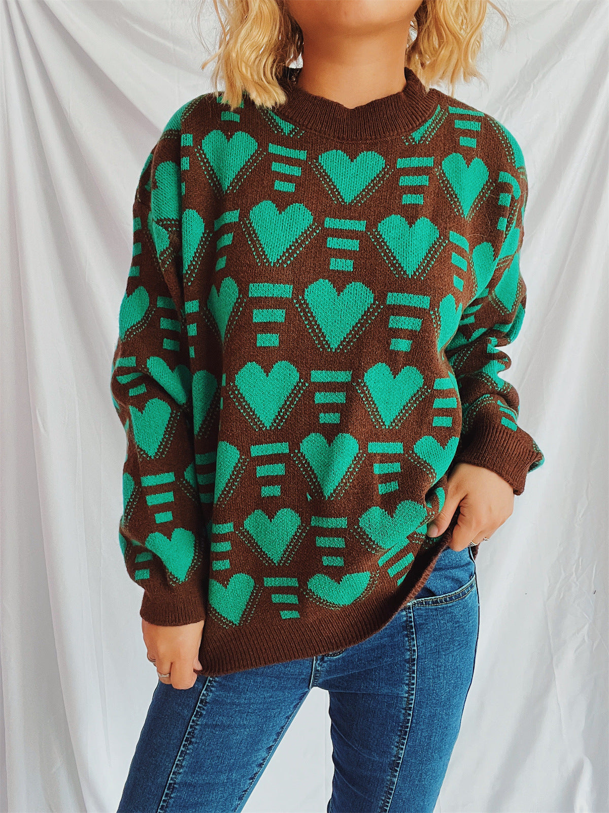Heart Contrast Long Sleeve Dropped Shoulder Sweater - Charming Charlie