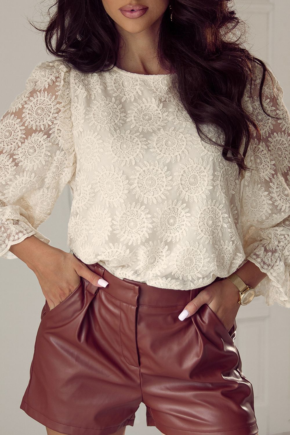 Flower Jacquard Flounce Sleeve Blouse - Charming Charlie