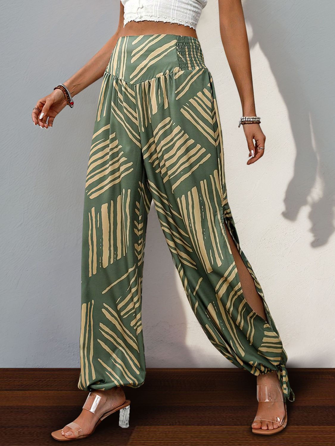 Smocked Slit Printed High Waist Pants - Charming Charlie