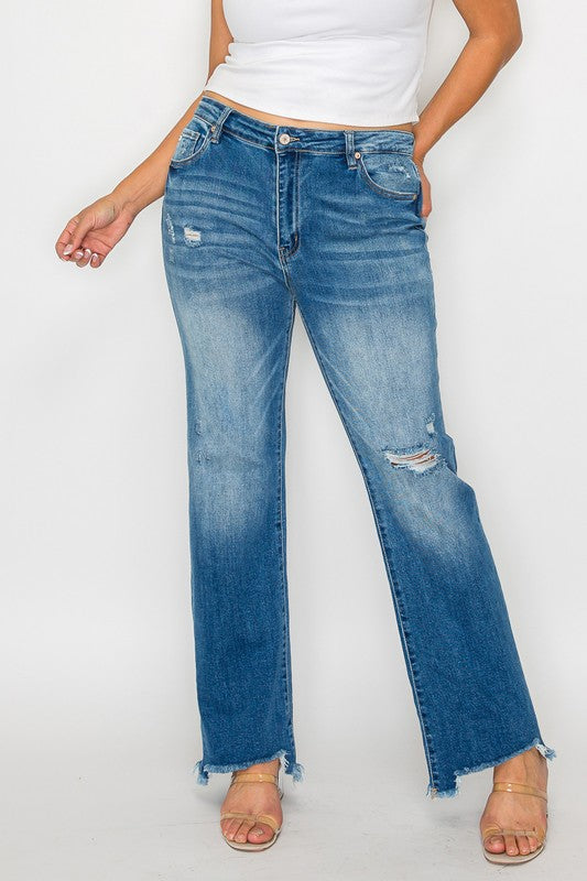 bytos Full Size Raw Hem Distressed Mid Rise Straight Jeans - Charming Charlie