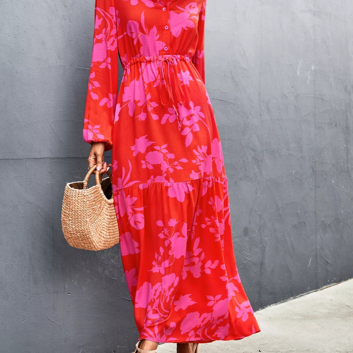 Floral Drawstring Waist Long Sleeve Maxi Dress – Charming Charlie