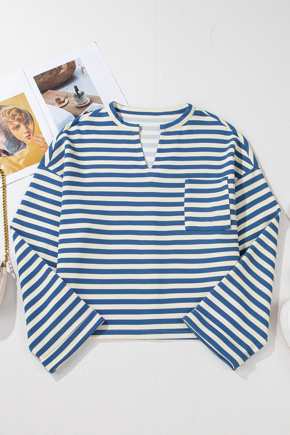 Stripe Chest Pocket Notched Top - Charming Charlie
