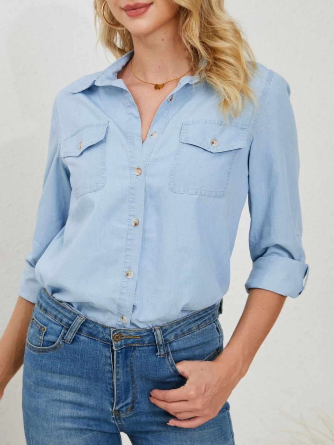 Pocketed Button Up Long Sleeve Denim Shirt - Charming Charlie