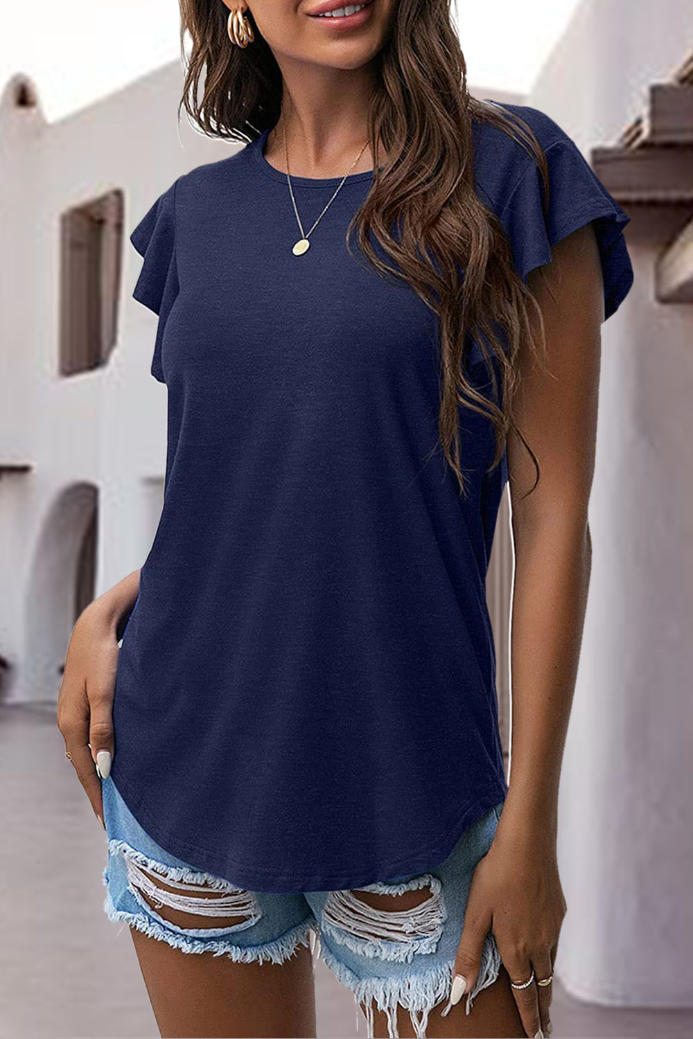 Ruffled Round Neck Cap Sleeve Blouse - Charming Charlie