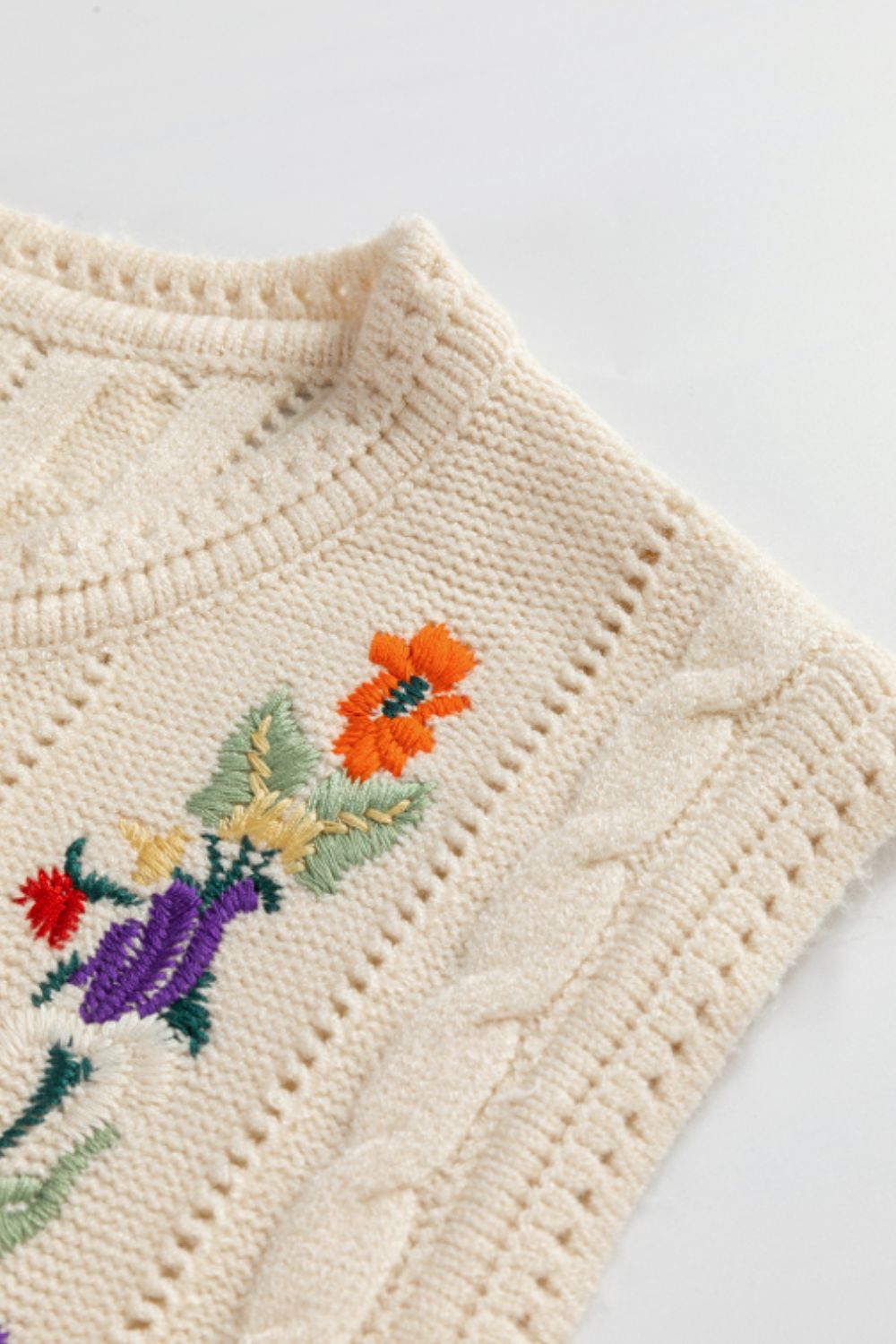 Embroidered Cable-Knit Round Neck Sweater Vest - Charming Charlie