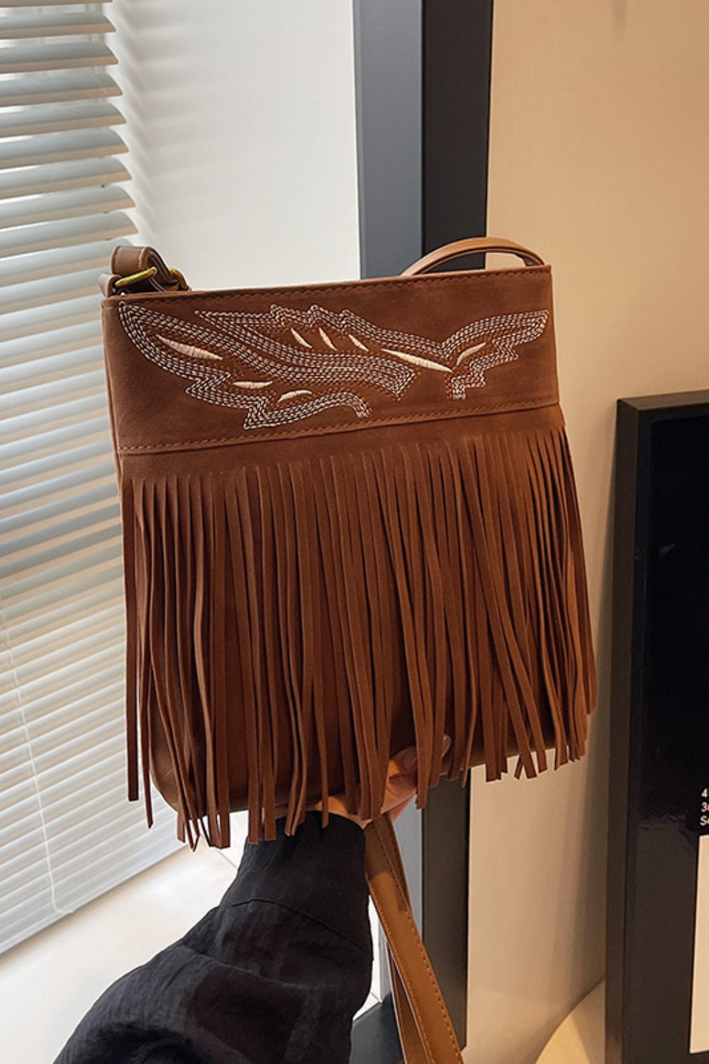 Suede Fringe Adjustable Strap Shoulder Bag - Charming Charlie
