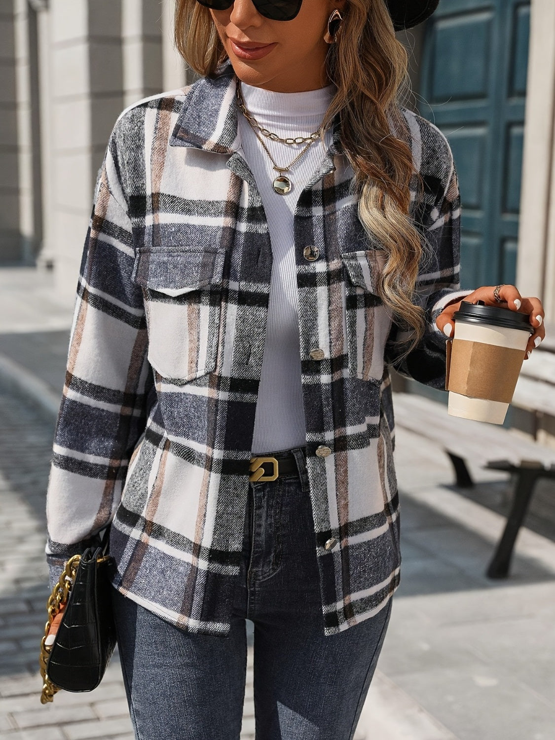 Plaid Button Up Drop Shoulder Jacket - Charming Charlie