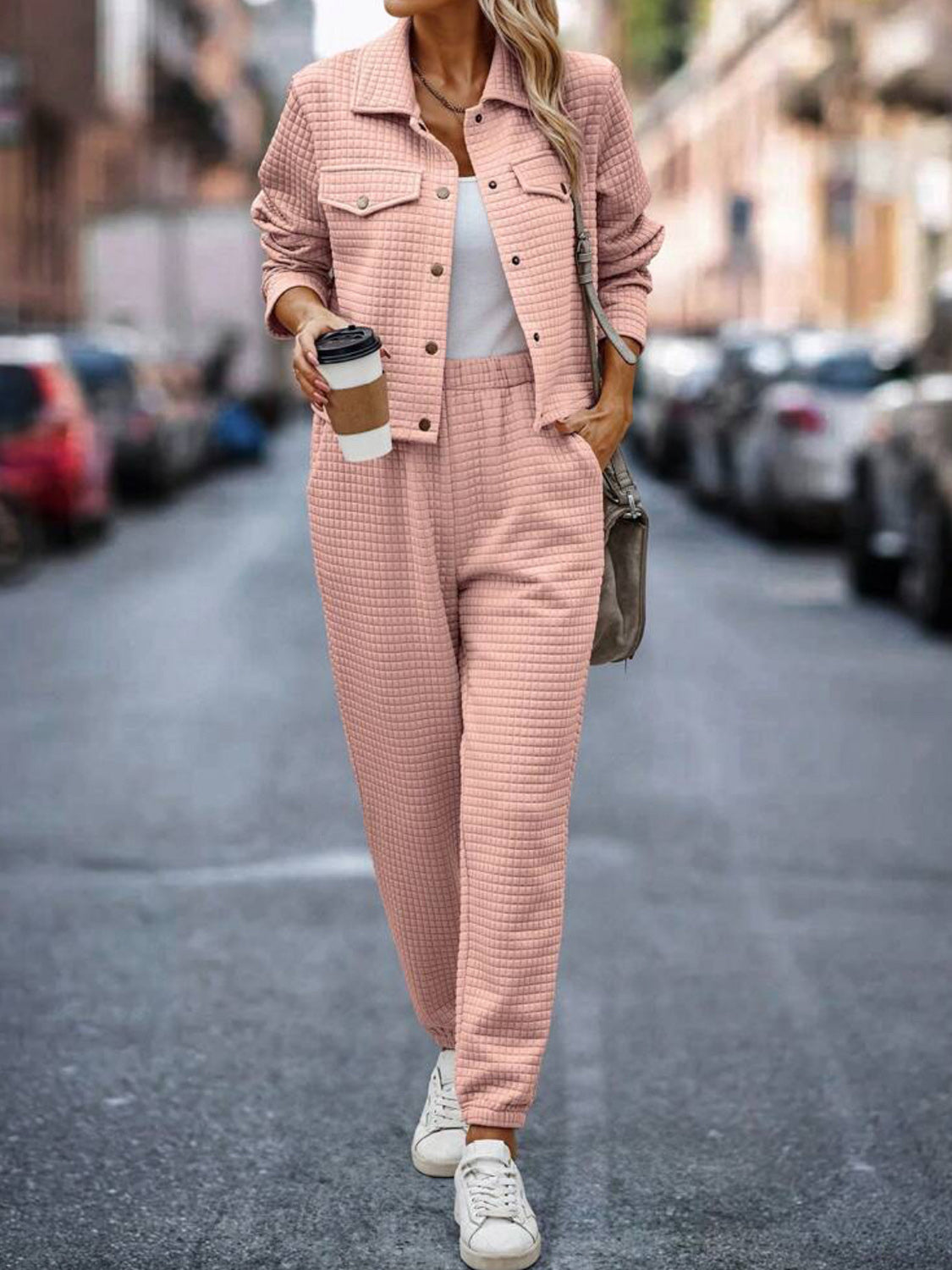 Plaid Texture Snap Down Top and Pants Set - Charming Charlie