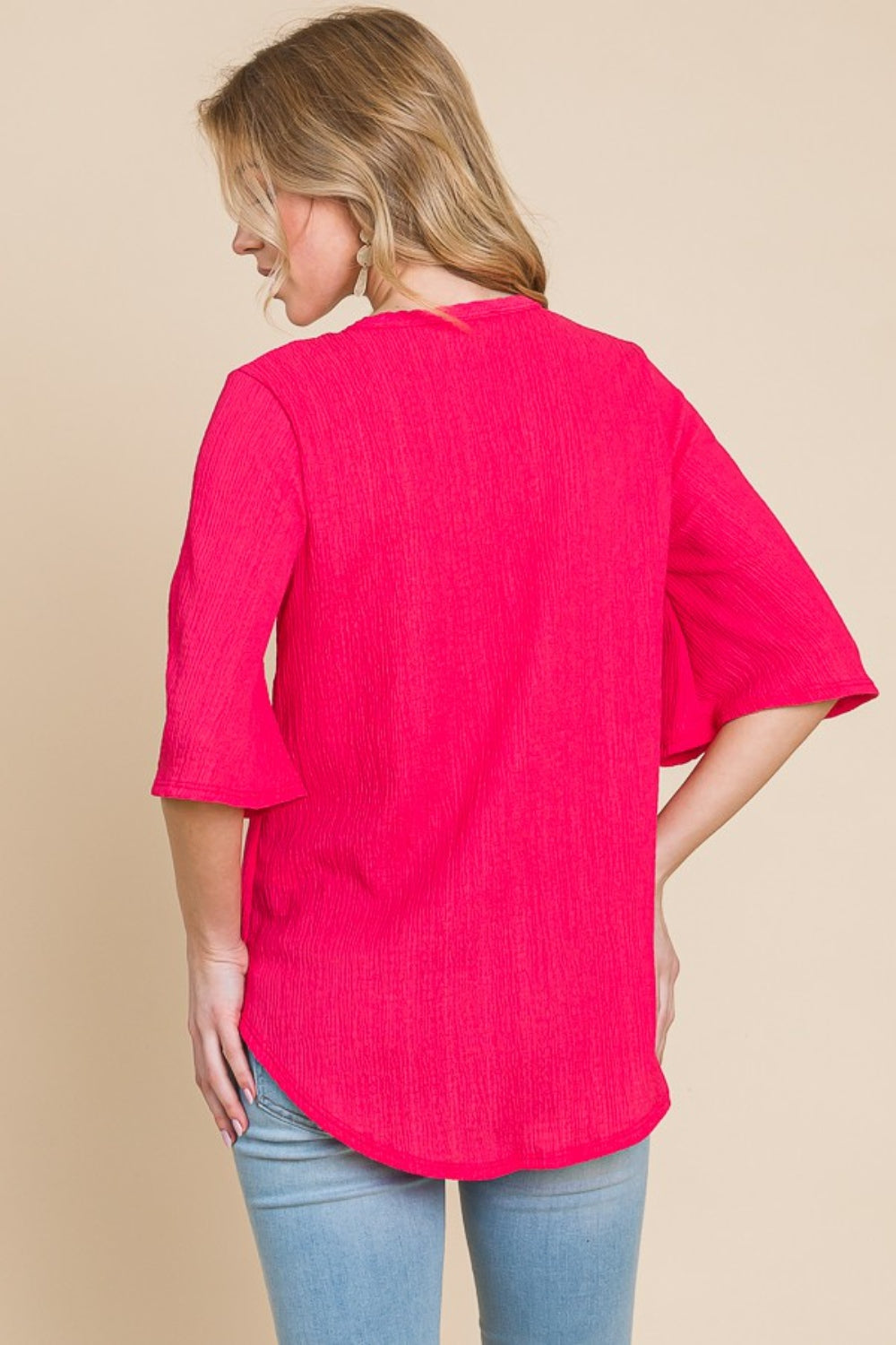 BOMBOM Texture Decorative Button V-Neck Top - Charming Charlie