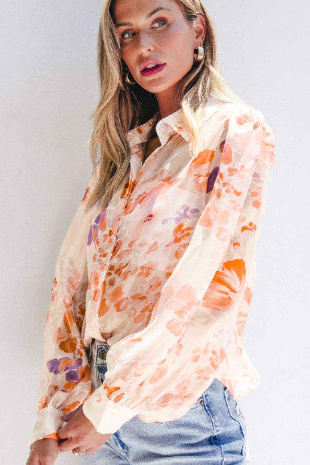 Printed Collared Neck Long Sleeve Shirt - Charming Charlie