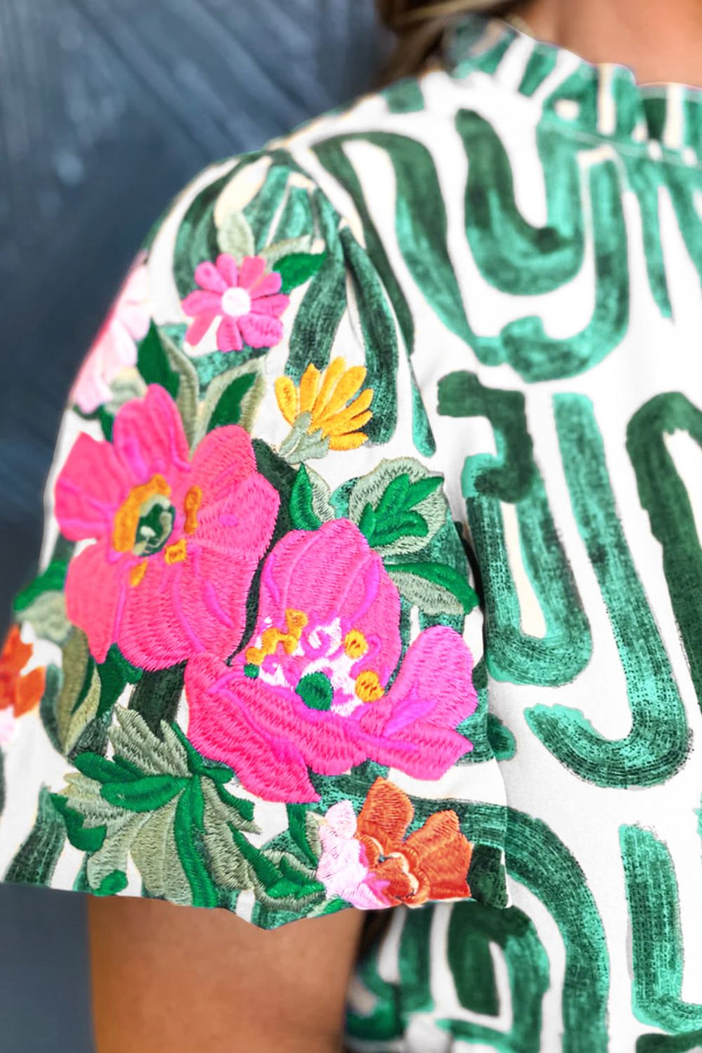 Embroidered Printed Mock Neck Short Sleeve Blouse - Charming Charlie