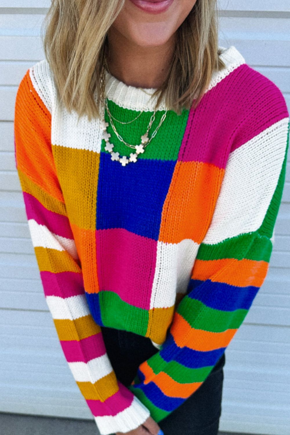 Color Block Round Neck Long Sleeve Sweater - Charming Charlie