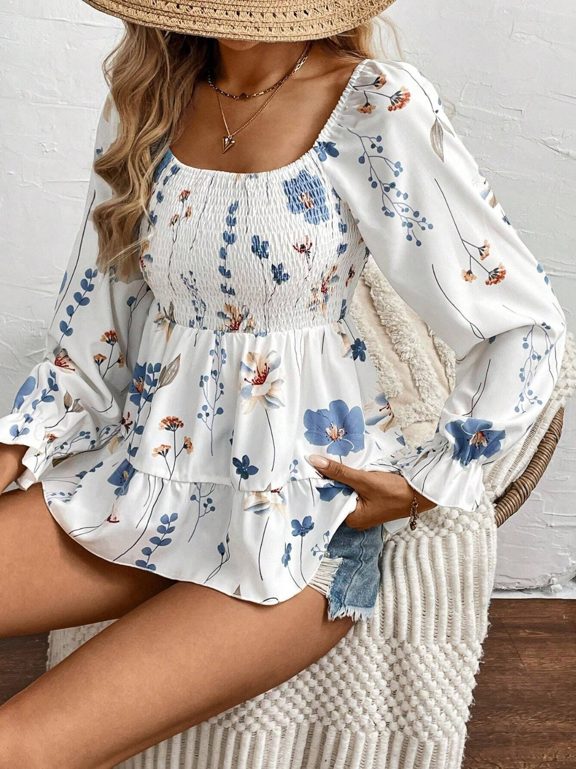 Smocked Floral Scoop Neck Flounce Sleeve Blouse - Charming Charlie