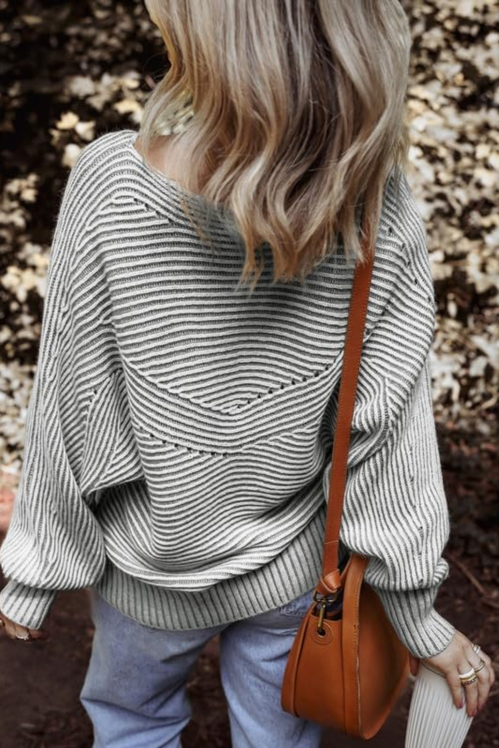 Textured Striped Round Neck Long Sleeve Top - Charming Charlie