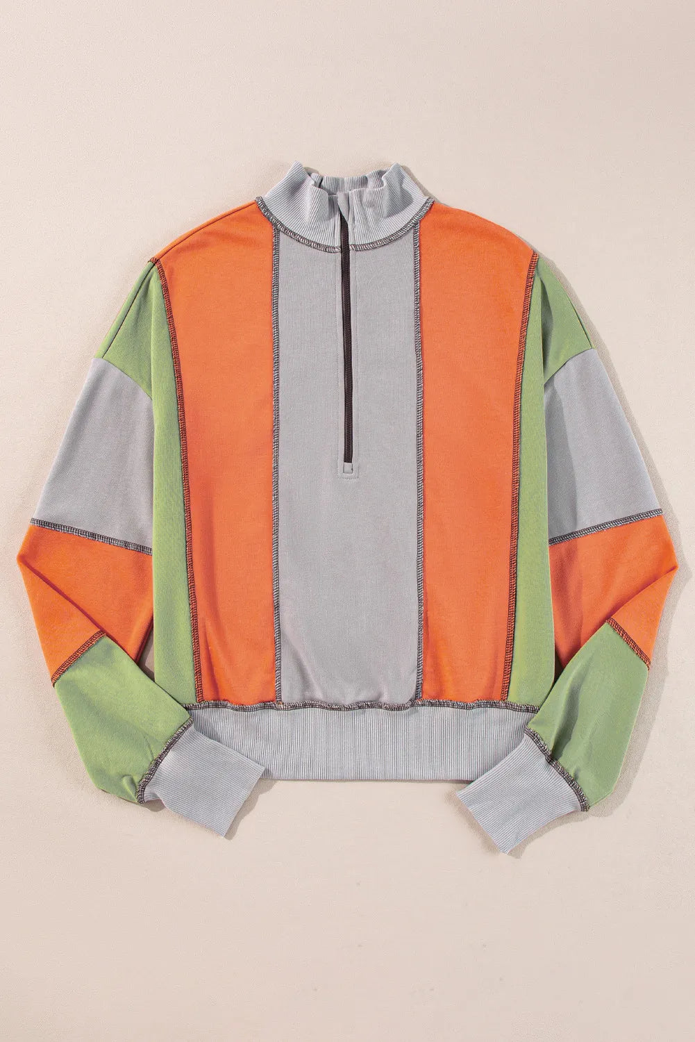 Full Size Exposed Seam Color Block Long Sleeve Sweatshirt - Charming Charlie