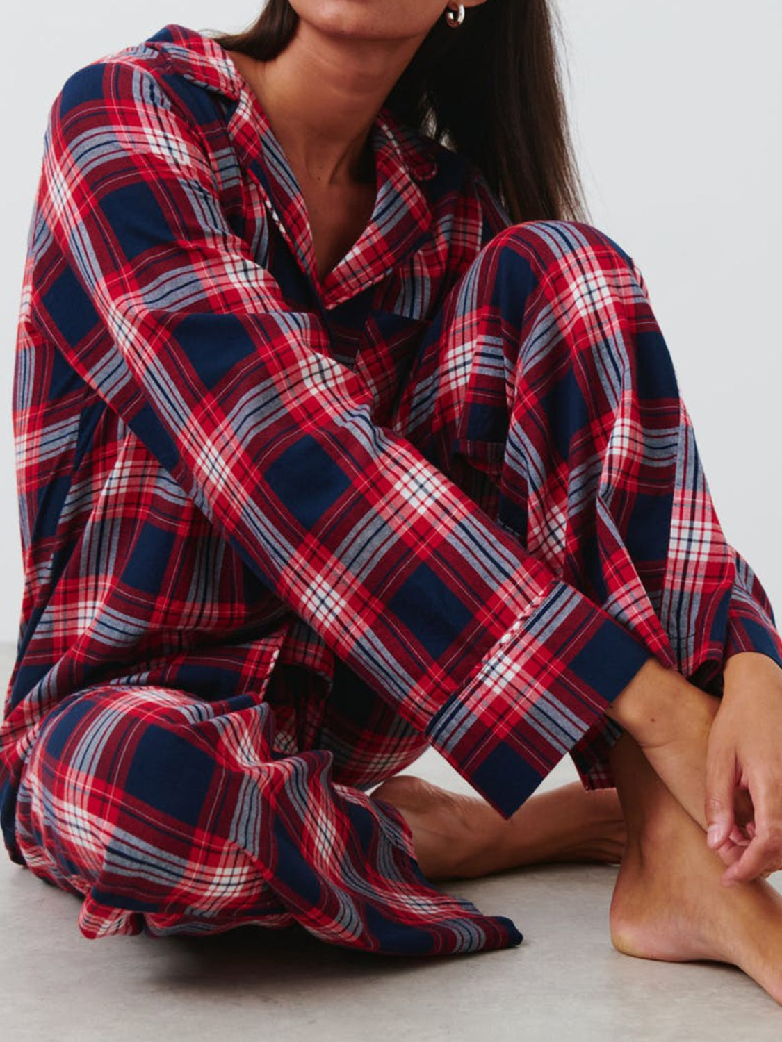 Plaid Collared Neck Button Up Top and Pants Lounge Set - Charming Charlie