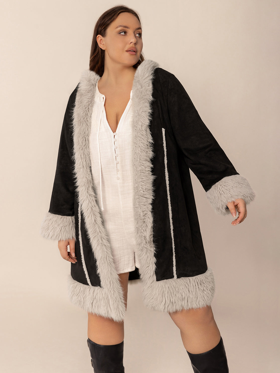 Plus Size Fuzzy Trim Open Front Long Sleeve Hooded Coat - Charming Charlie