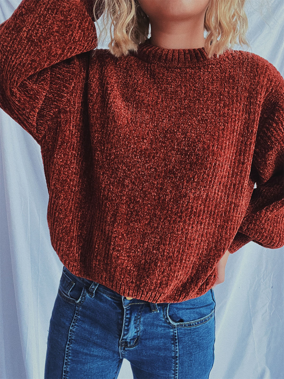 Round Neck Dropped Shoulder Long Sleeve Sweater - Charming Charlie