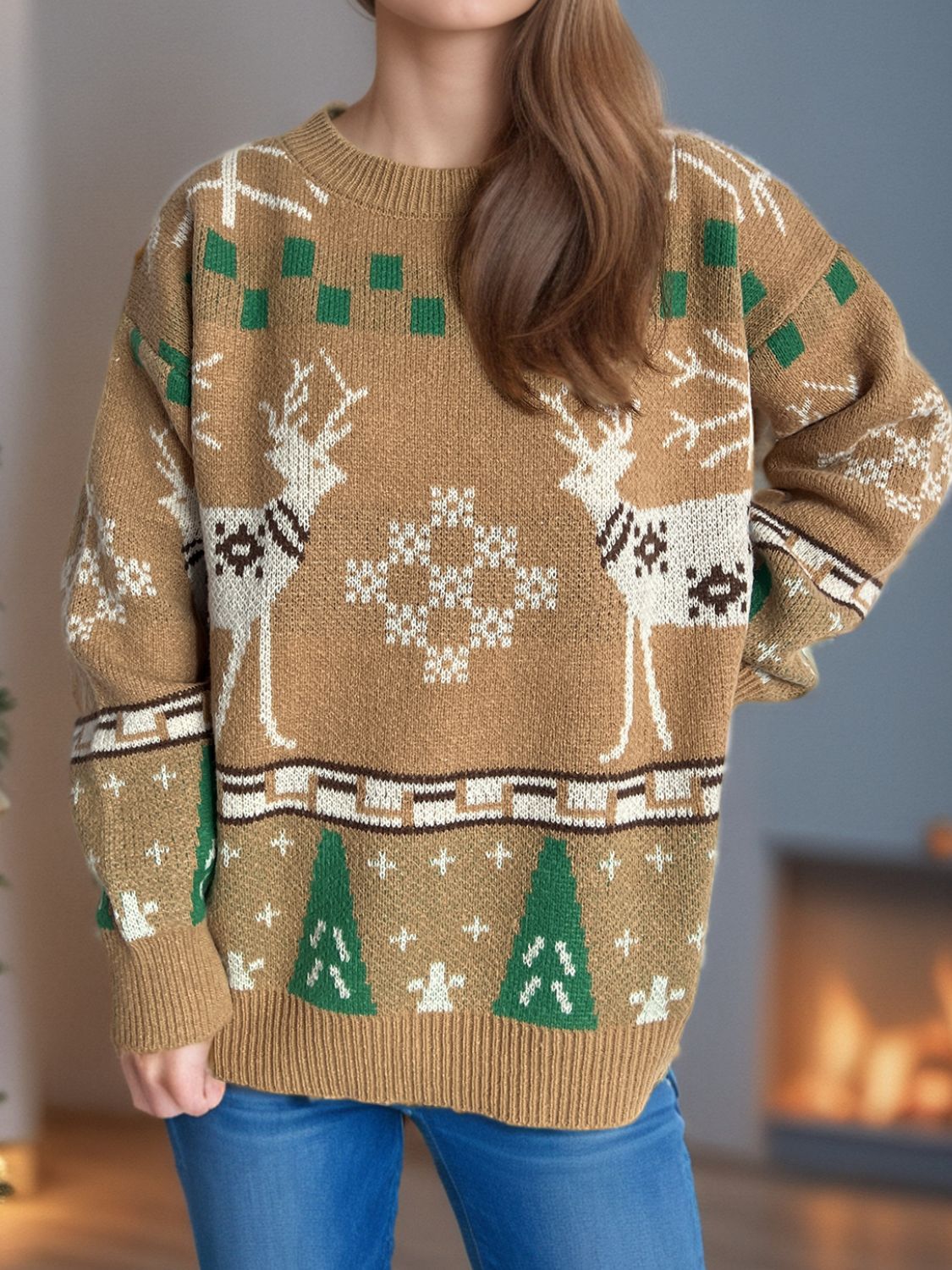 Christmas Element Round Neck Long Sleeve Sweater - Charming Charlie