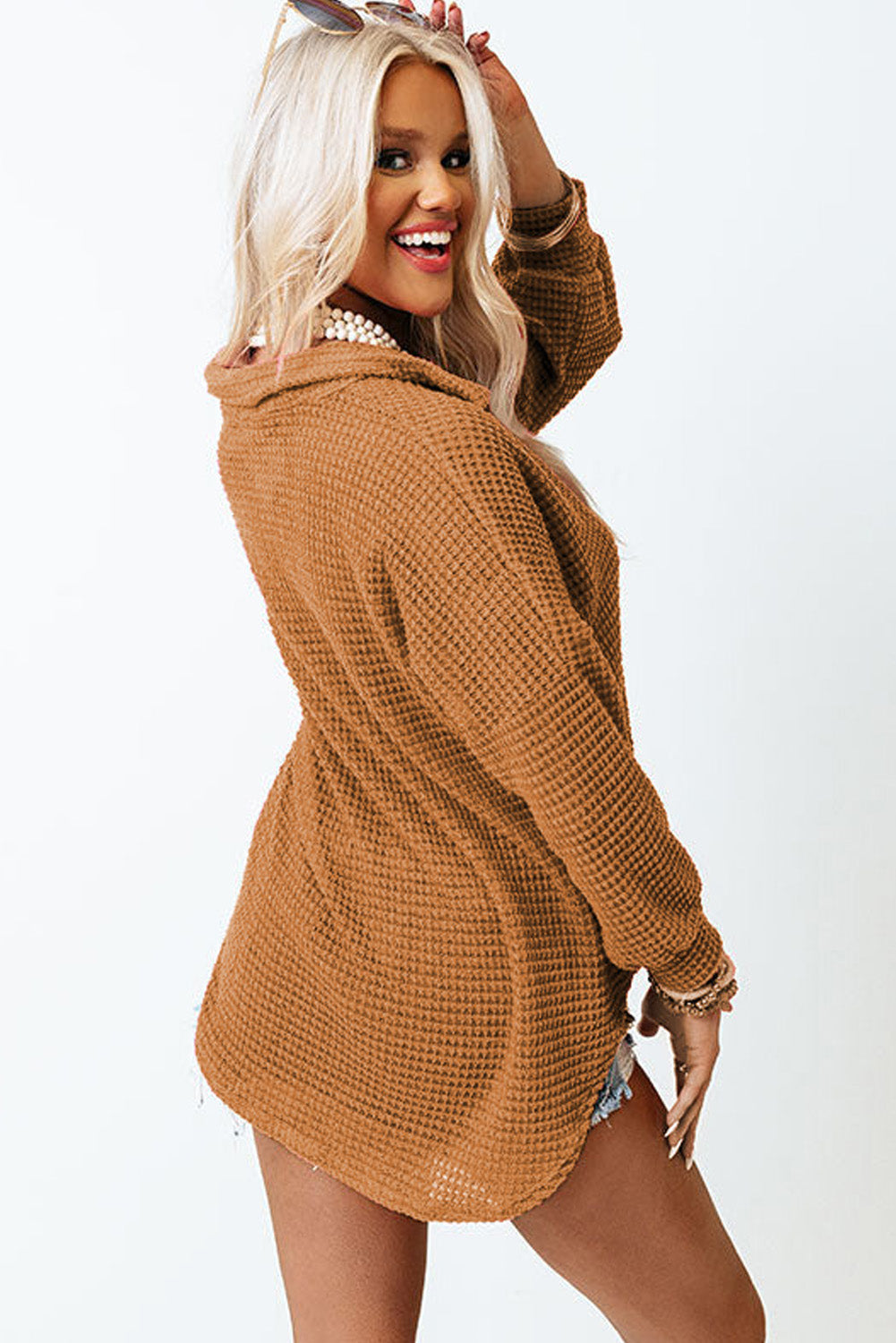 Waffle-Knit Collared Neck Long Sleeve Shirt - Charming Charlie