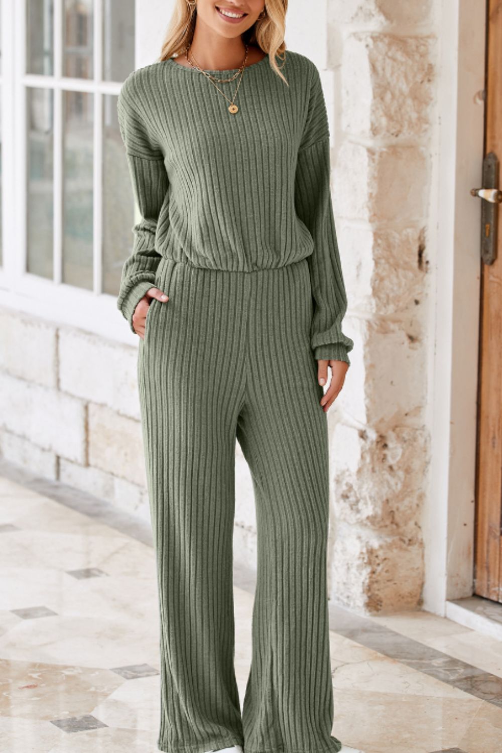 Round Neck Long Sleeve Jumpsuit - Charming Charlie