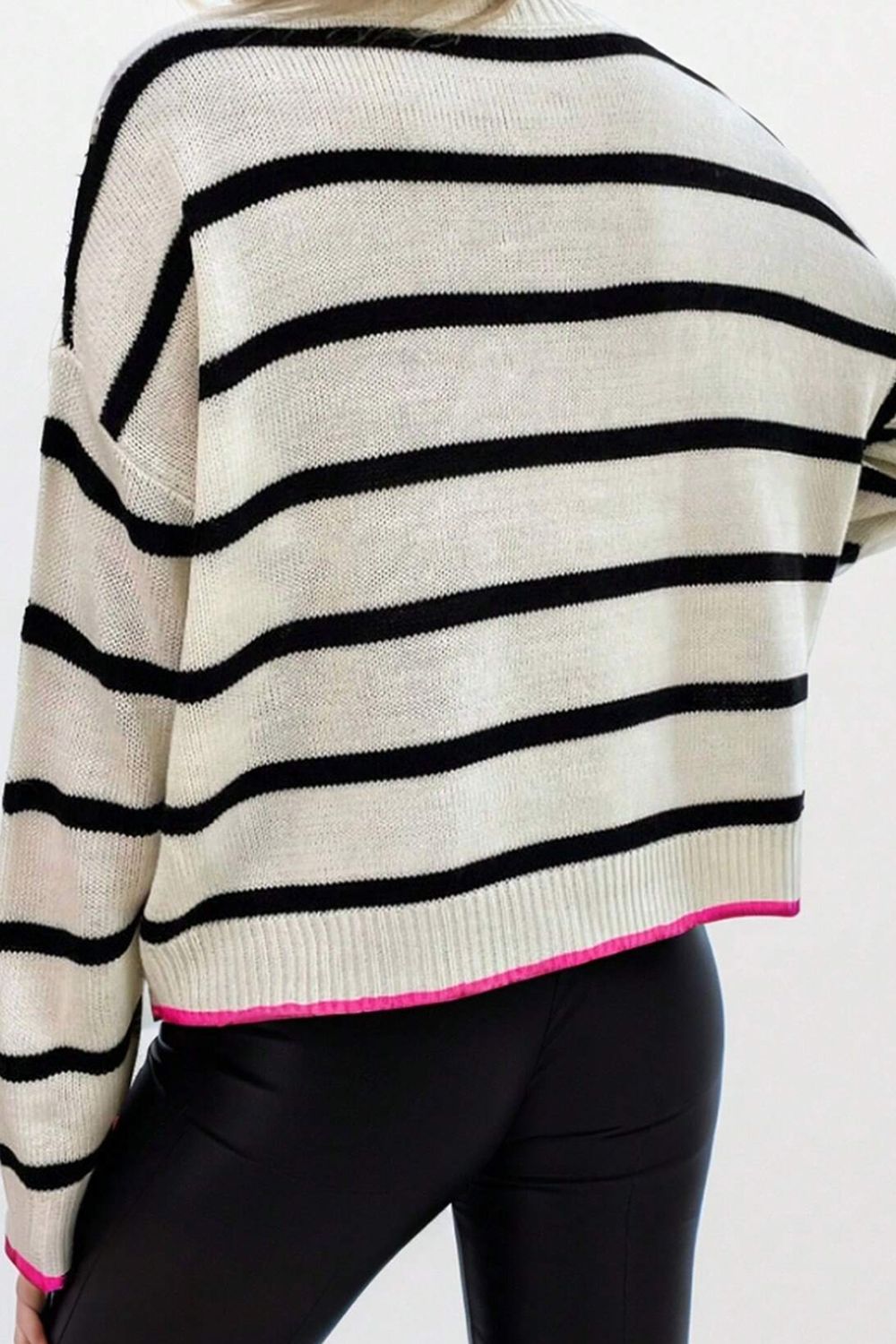 Striped Round Neck Drop Shoulder Sweater - Charming Charlie