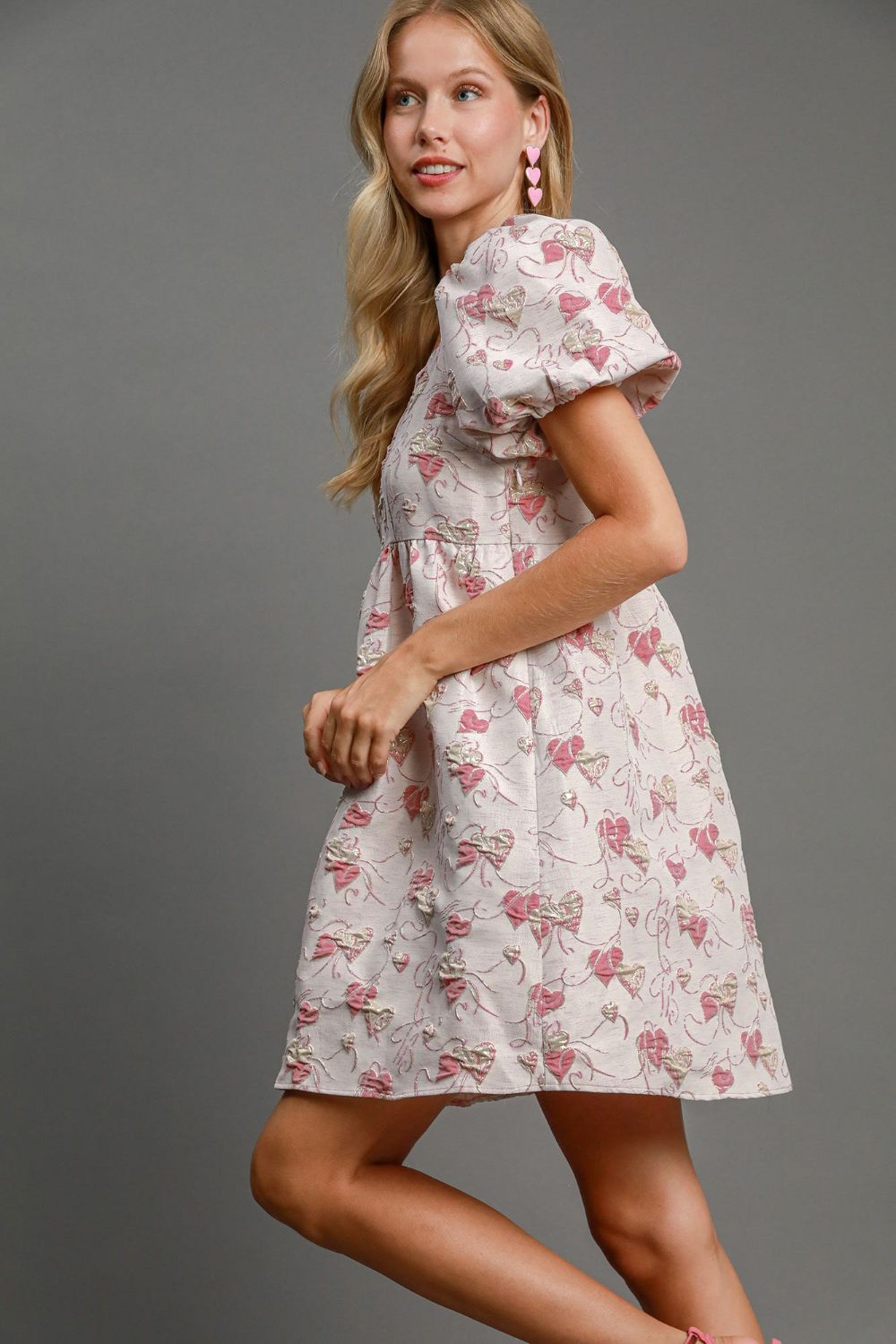Umgee Heart Jacquard Square Neck Puff Sleeve Mini Dress - Charming Charlie