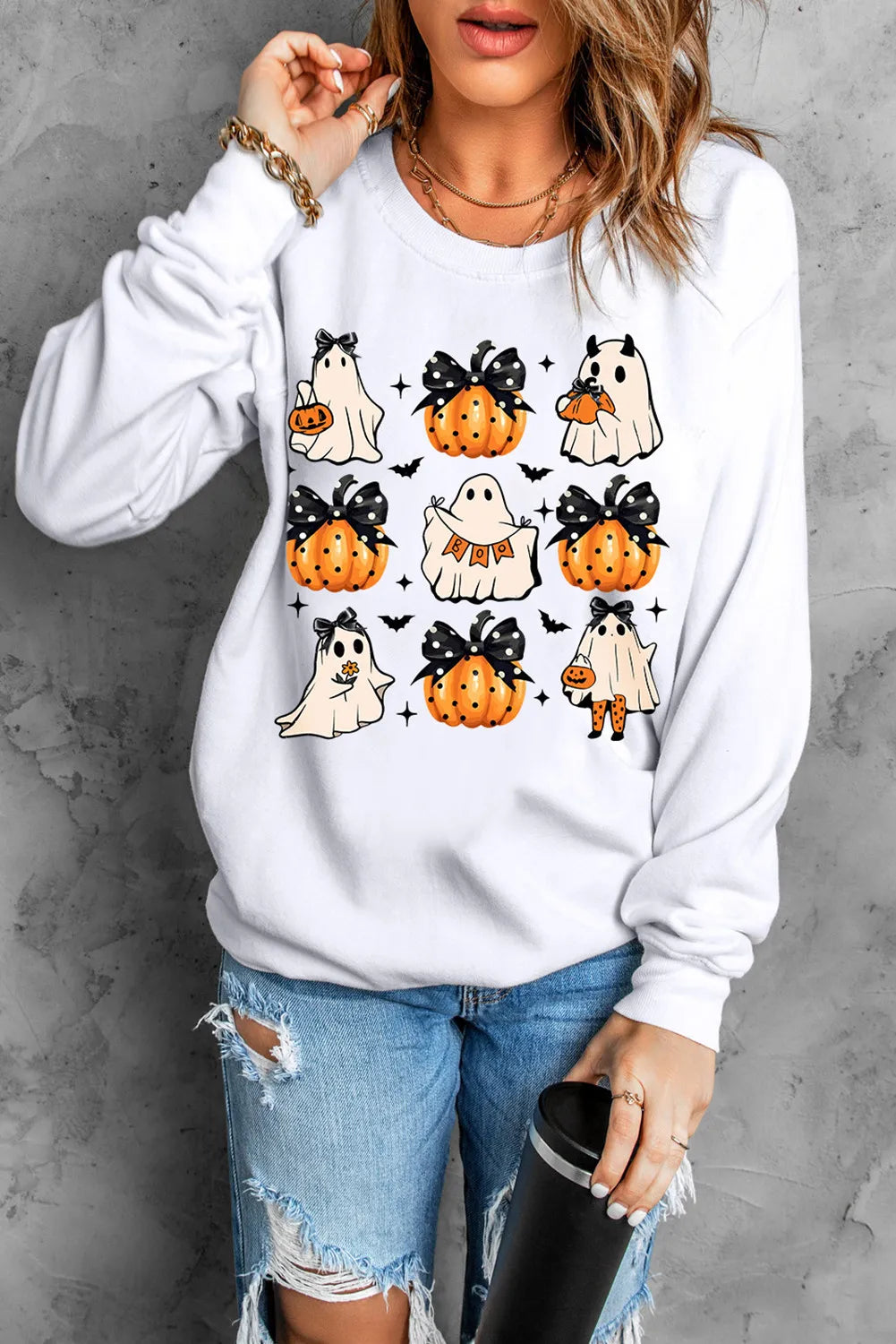 Pumpkin & Ghost Round Neck Long Sleeve Sweatshirt - Charming Charlie