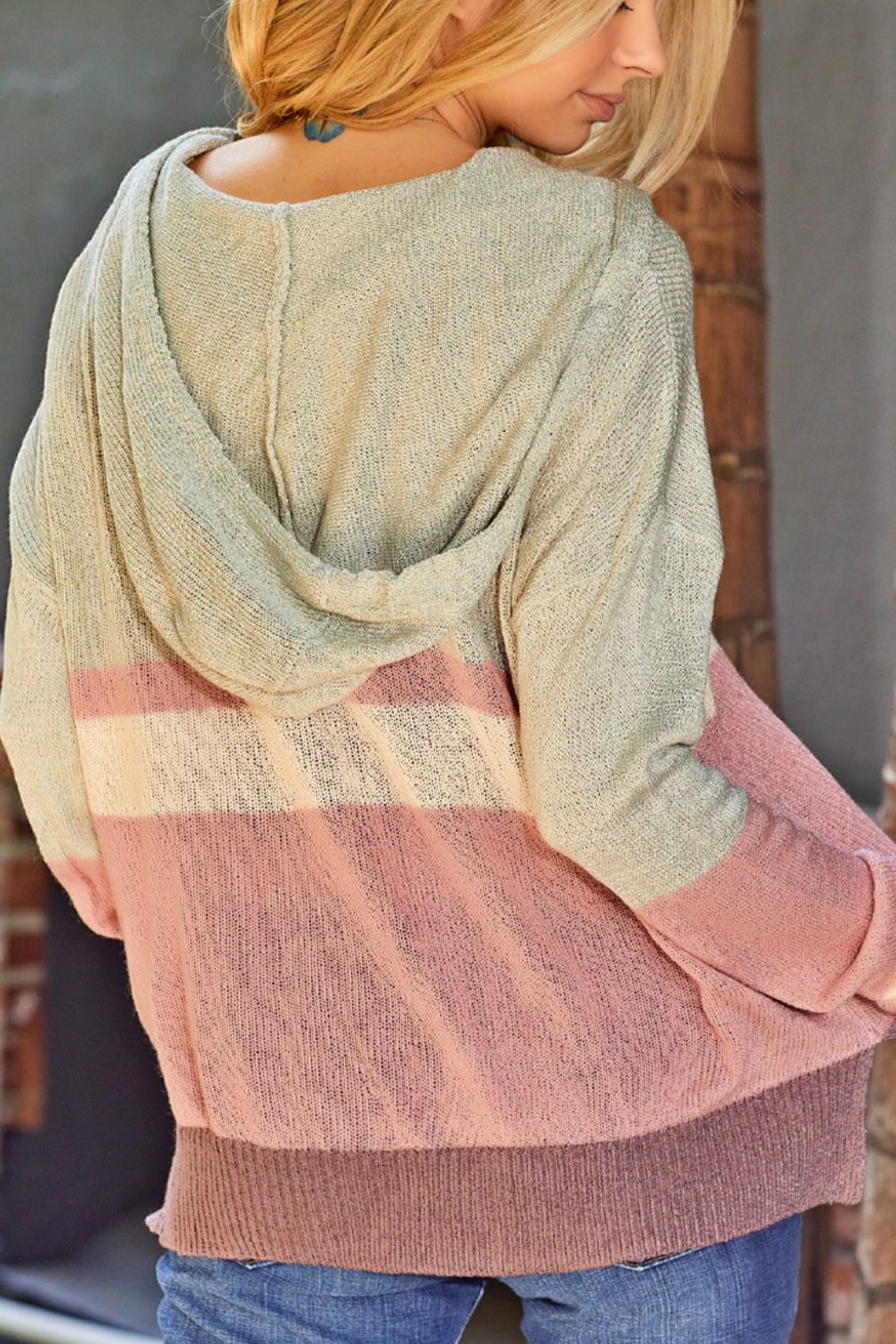 Color Block Long Sleeve Drawstring Hooded Sweater - Charming Charlie