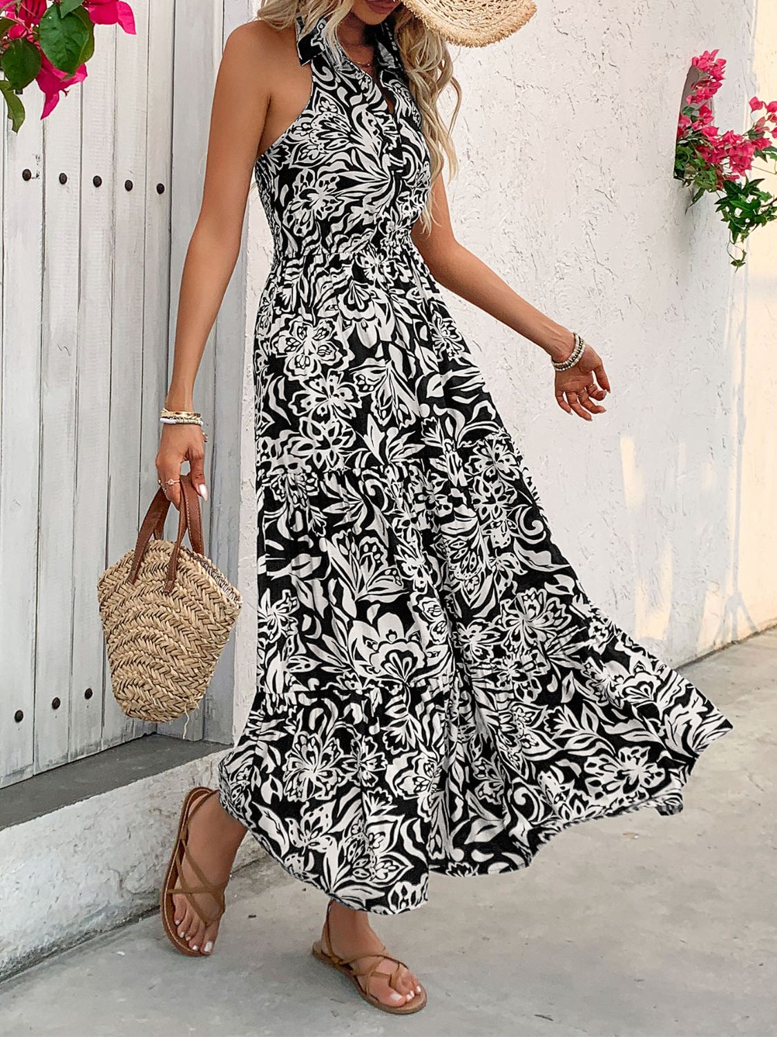Backless Smocked Printed Sleeveless Midi Dress - Charming Charlie