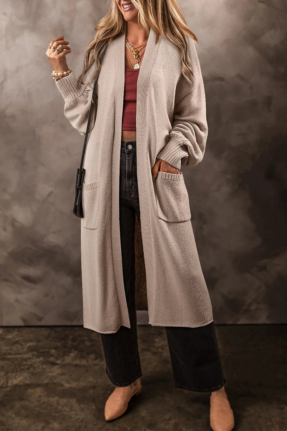 Pocketed Open Front Long Sleeve Cardigan - Charming Charlie