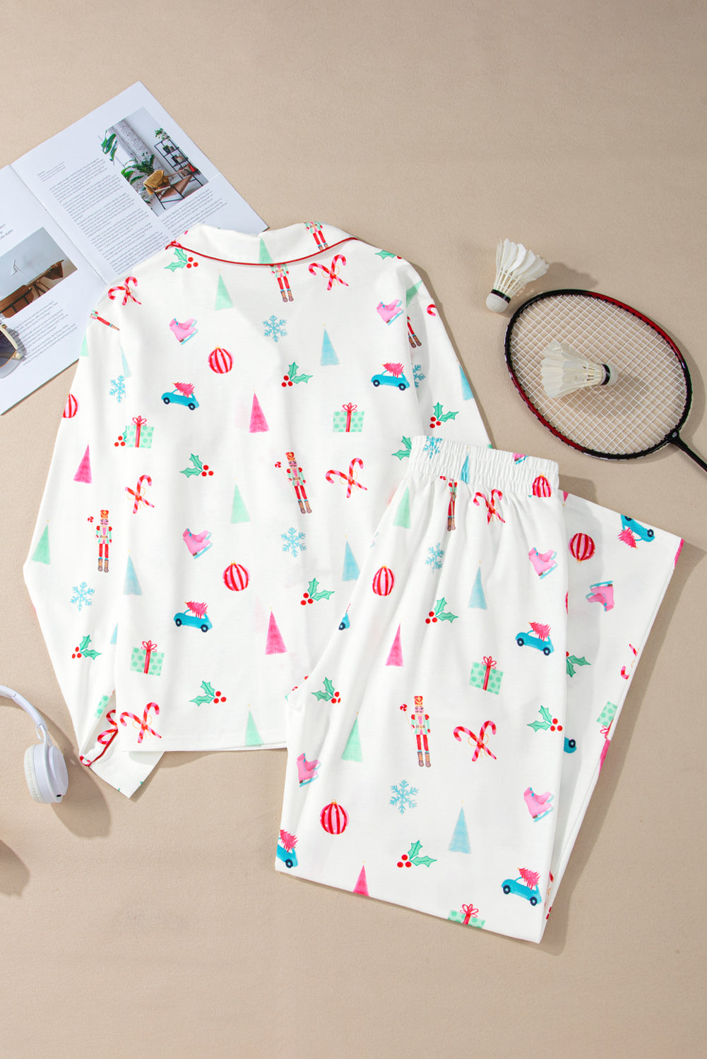 Christmas Printed Collared Neck Top and Pants Lounge Set - Charming Charlie