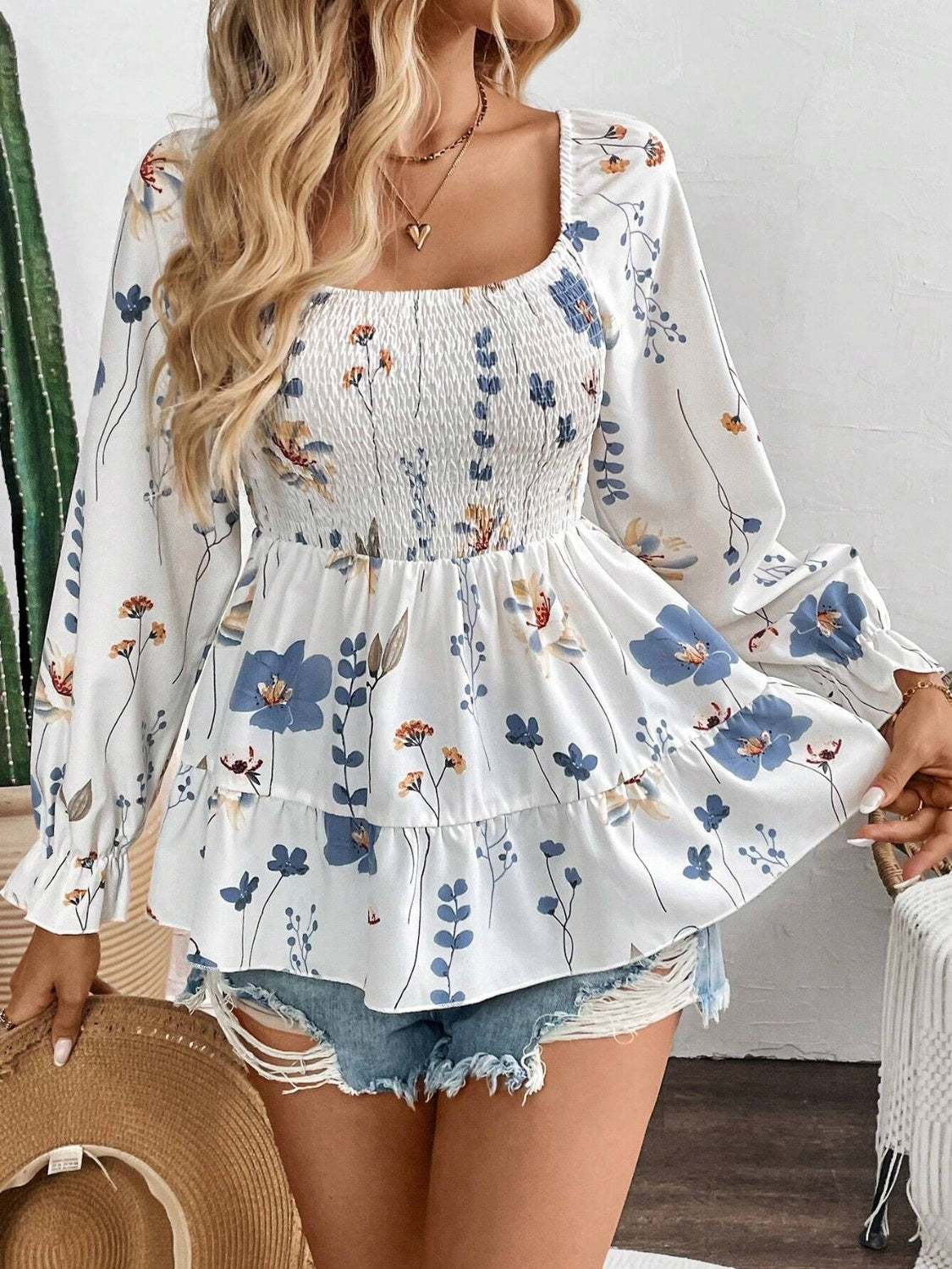 Smocked Floral Scoop Neck Flounce Sleeve Blouse - Charming Charlie